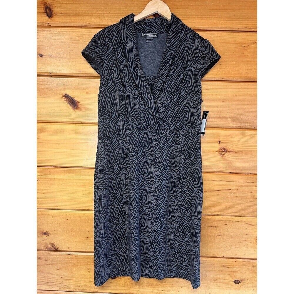 $99 NWT Jessica Howard Dress Womens 14 Gray Animal Print Stretch Knit Cap Sleeve